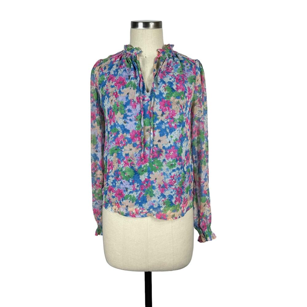 CUPCAKES AND CASHMERE‎ Blue Pink Floral Popover Blouse Women's Size XS